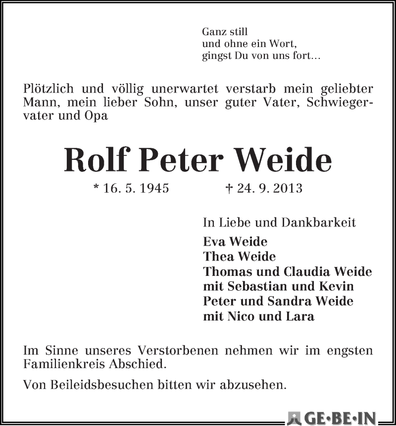 Traueranzeige von Rolf Peter Weide von WESER-KURIER