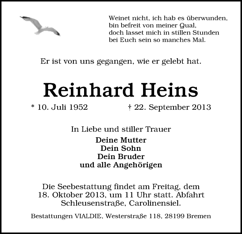  Traueranzeige für Reinhard Heins vom 28.09.2013 aus WESER-KURIER