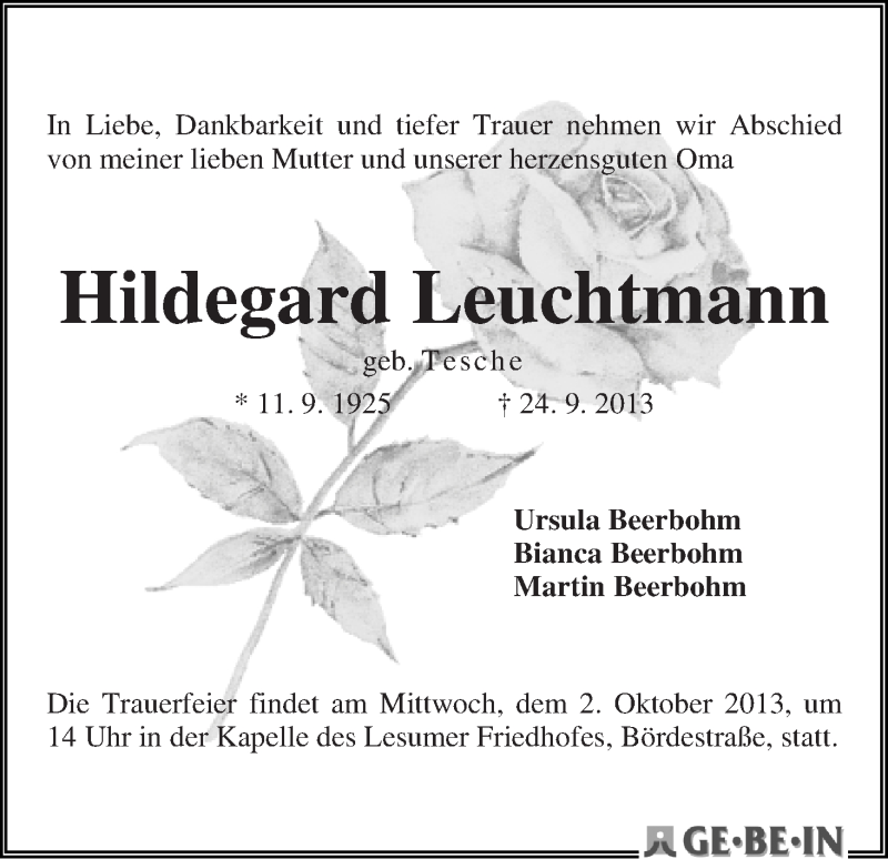Traueranzeige von Hildegard Leuchtmann von WESER-KURIER