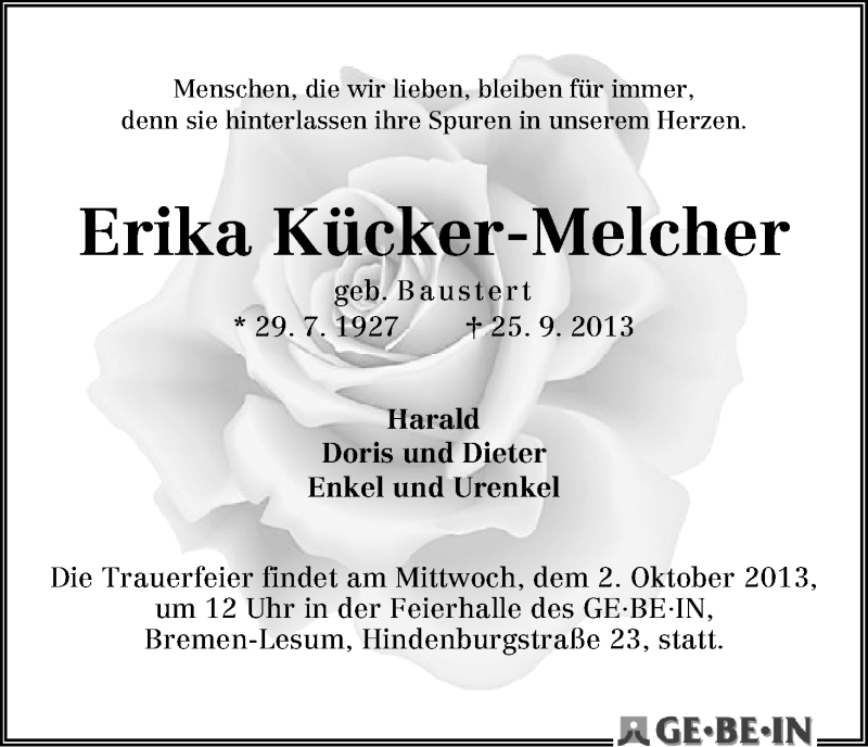 Traueranzeige von Erika Kücker-Melcher von WESER-KURIER