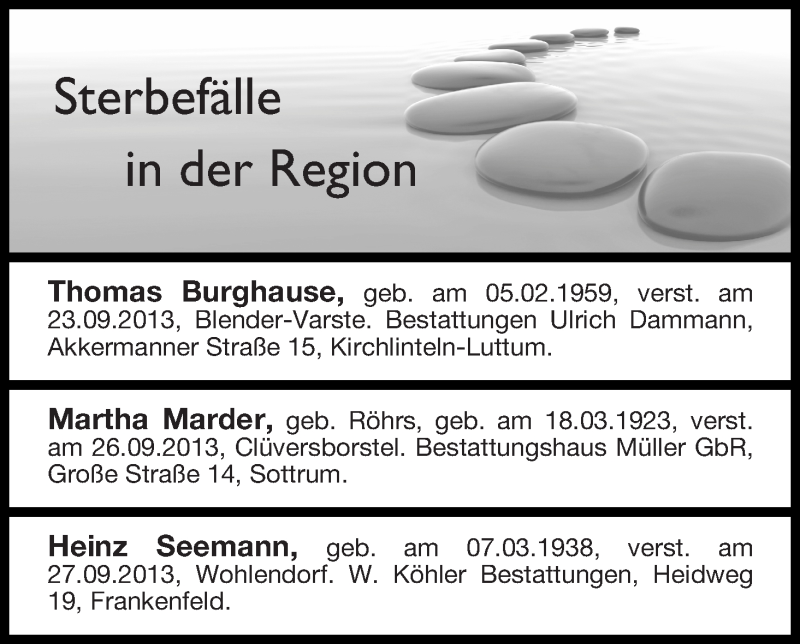 Traueranzeige von Sterbefälle in der Region Achim Verden vom 01.10.2013 von WESER-KURIER