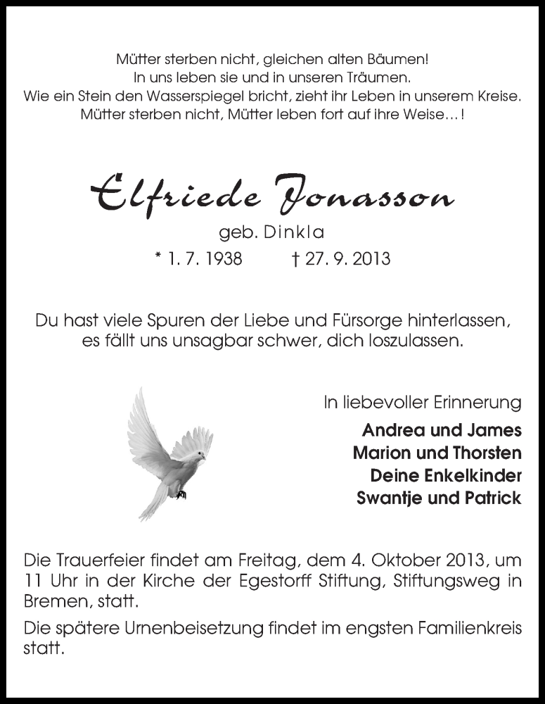 Traueranzeige von Elfriede Jonasson von WESER-KURIER