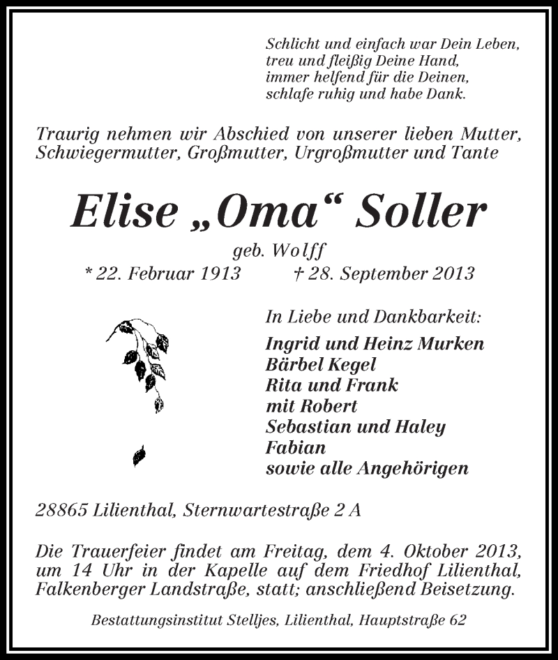  Traueranzeige für Elise Soller vom 02.10.2013 aus WESER-KURIER