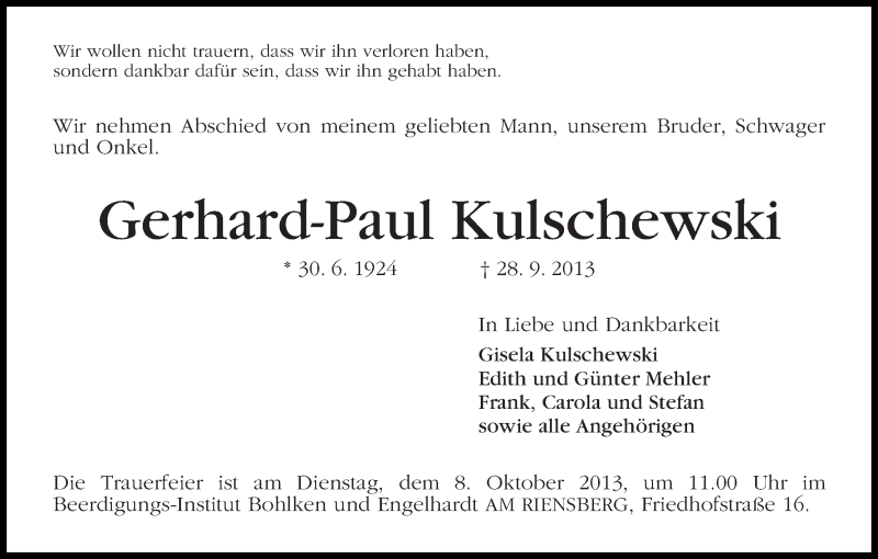  Traueranzeige für Gerhard-Paul Kulschewski vom 02.10.2013 aus WESER-KURIER