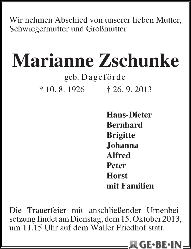 Traueranzeige von Marianne Zschunke von WESER-KURIER