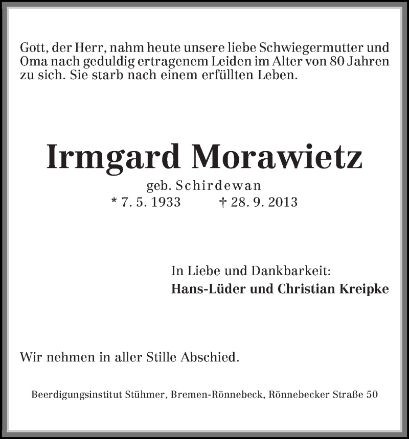 Traueranzeige für Irmgard Morawietz vom 02.10.2013 aus WESER-KURIER