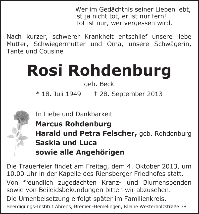  Traueranzeige für Rosi Rohdenburg vom 02.10.2013 aus WESER-KURIER