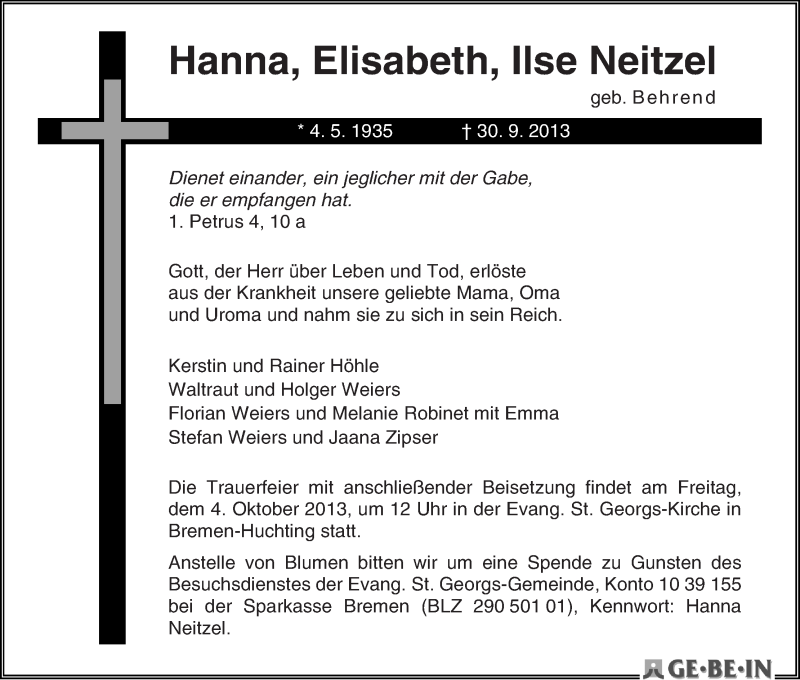 Traueranzeige von Hanna Elisabeth Ilse Neitzel von WESER-KURIER