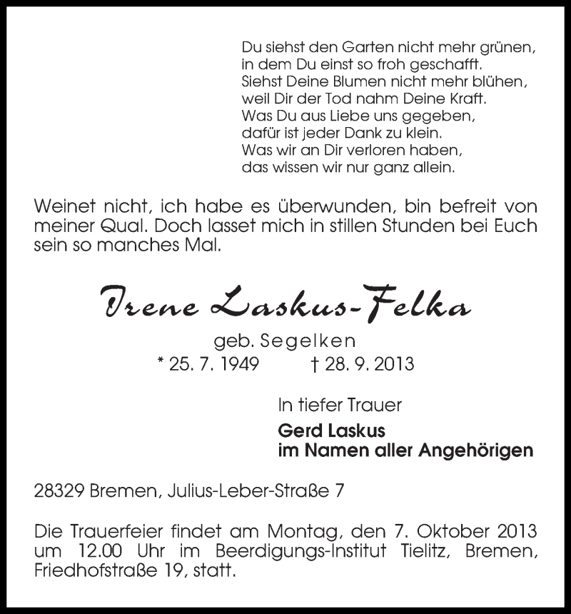  Traueranzeige für Irene Laskus-Felka vom 02.10.2013 aus WESER-KURIER