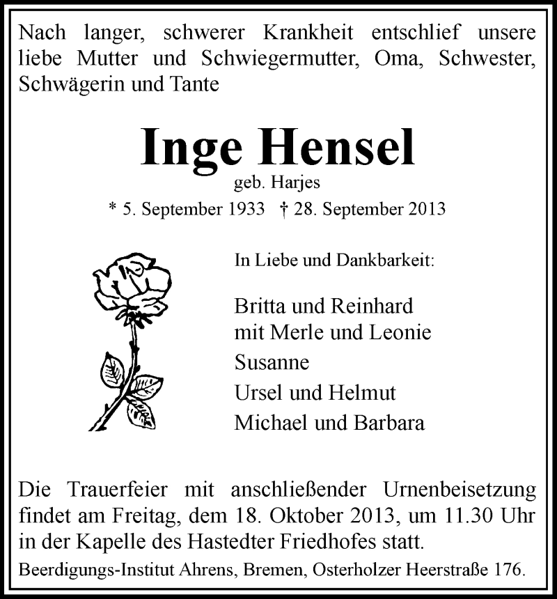  Traueranzeige für Inge Hensel vom 12.10.2013 aus WESER-KURIER