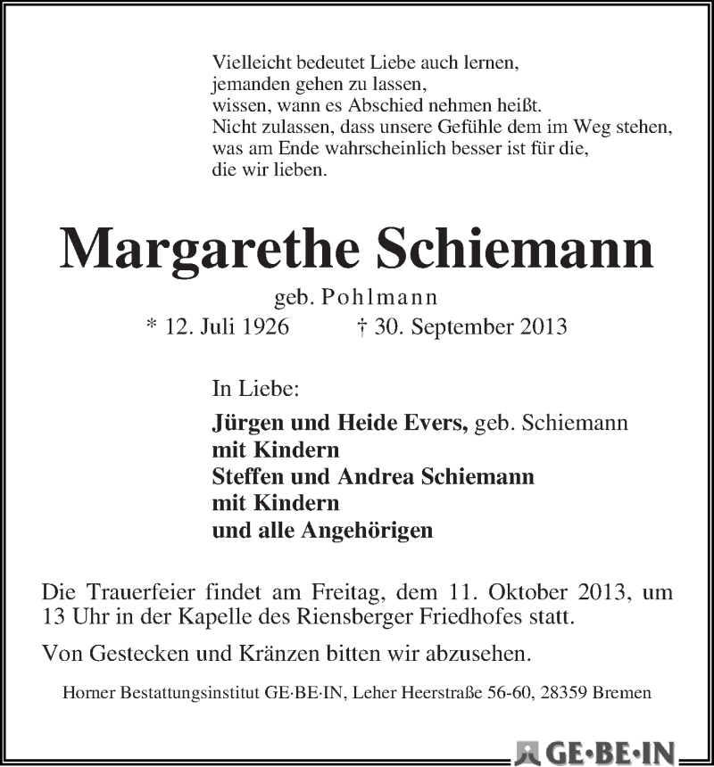 Traueranzeige von Margarethe Schiemann von WESER-KURIER