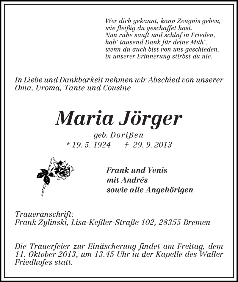 Traueranzeige von Maria Jörger von WESER-KURIER