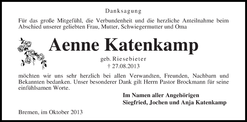 Traueranzeige von Aenne Katenkamp von WESER-KURIER
