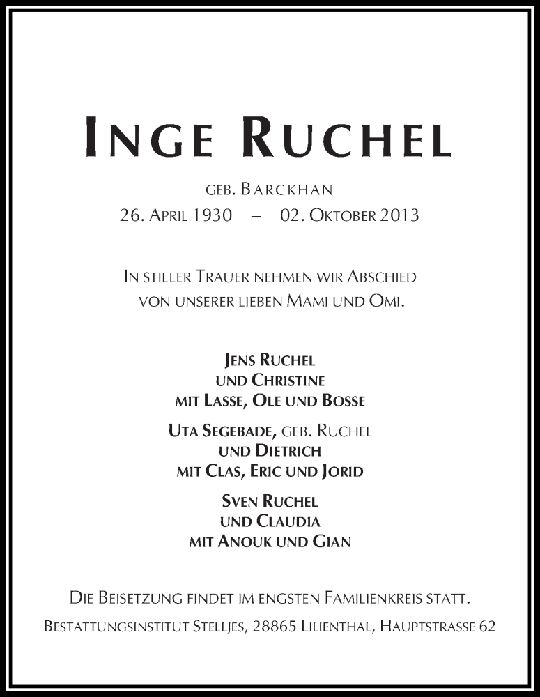  Traueranzeige für Inge Ruchel vom 05.10.2013 aus WESER-KURIER
