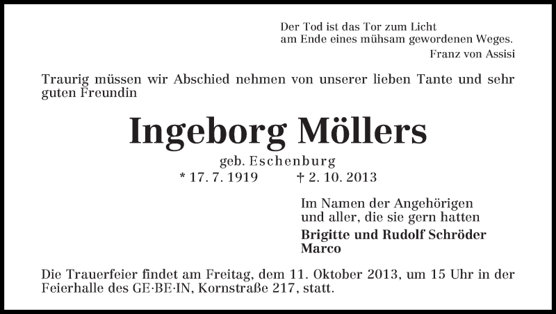 Traueranzeige von Ingeborg Möllers von WESER-KURIER