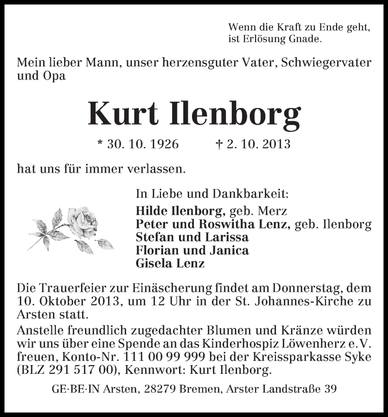 Traueranzeige von Kurt Ilenborg von WESER-KURIER