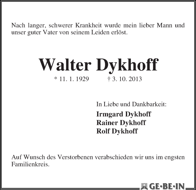 Traueranzeige von Walter Dykhoff von WESER-KURIER