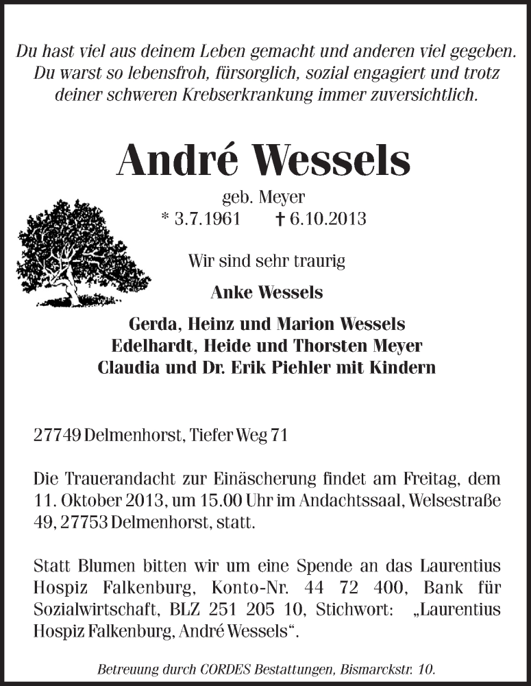  Traueranzeige für André Wessels vom 09.10.2013 aus WESER-KURIER