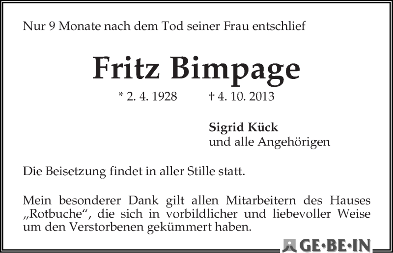 Traueranzeige von Fritz Bimpage von WESER-KURIER