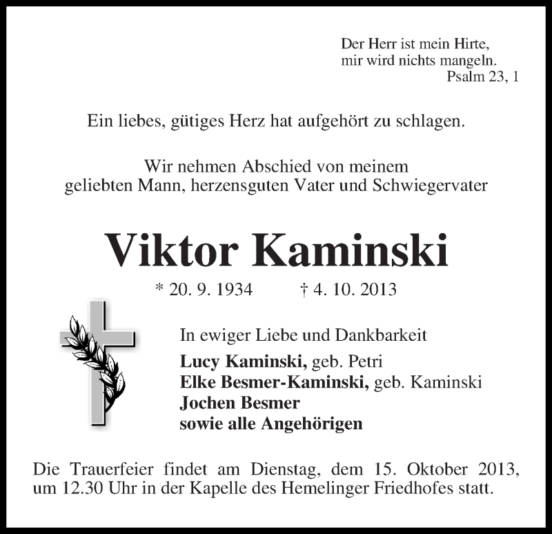  Traueranzeige für Viktor Kaminski vom 12.10.2013 aus WESER-KURIER