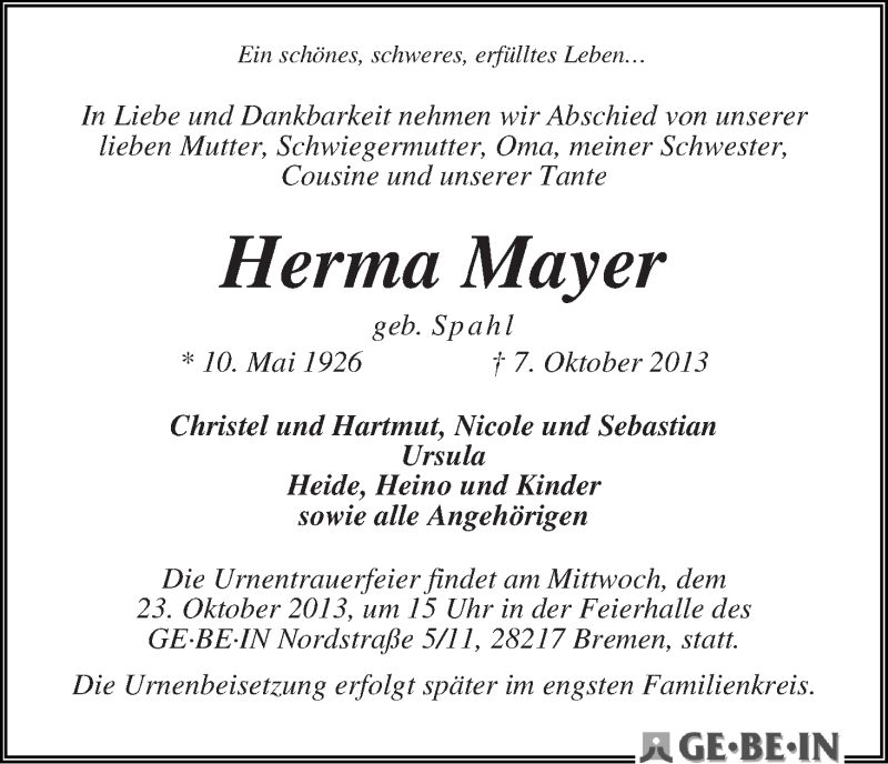 Traueranzeige von Herma Mayer von WESER-KURIER