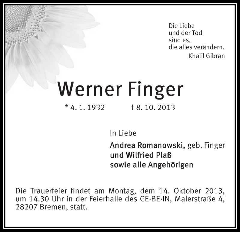 Traueranzeige von Werner Finger von WESER-KURIER