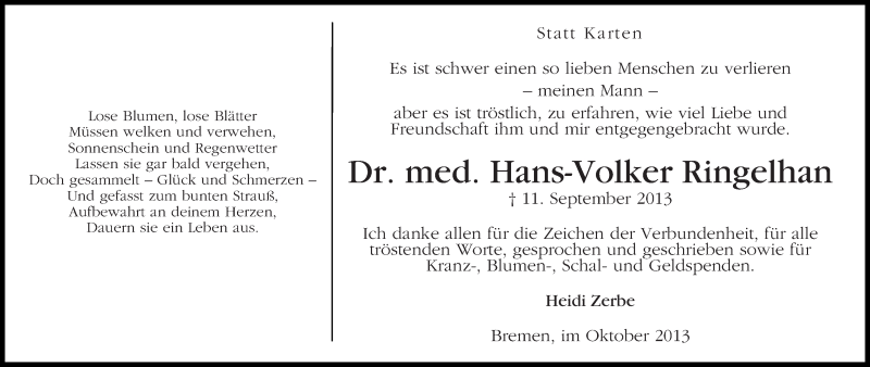  Traueranzeige für Hans-Volker Ringelhan vom 12.10.2013 aus WESER-KURIER