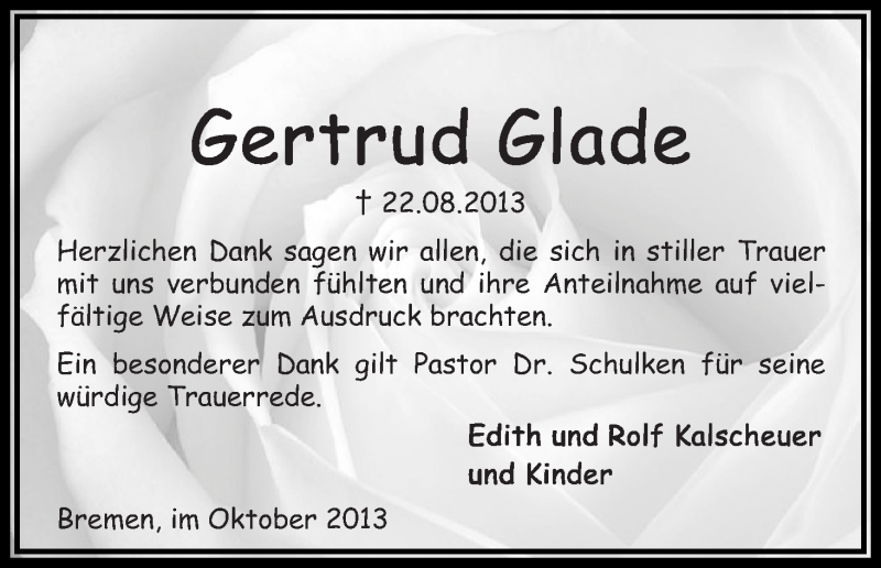 Traueranzeige von Gertud Glade von WESER-KURIER