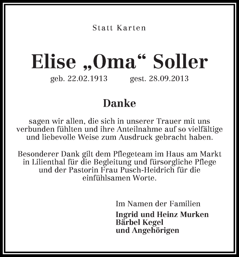  Traueranzeige für Elise Soller vom 19.10.2013 aus WESER-KURIER