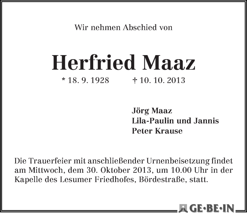 Traueranzeige von Herfried Maaz von WESER-KURIER