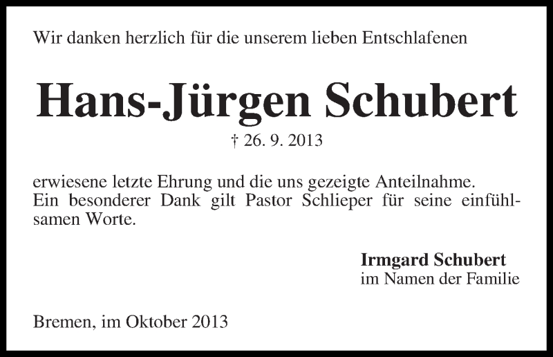 Traueranzeige von Hans-Jürgen Schubert von WESER-KURIER