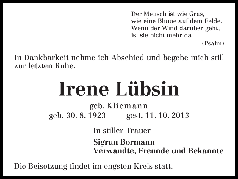 Traueranzeige von Irene Lübsin von WESER-KURIER