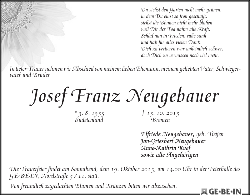Traueranzeige von Josef Franz Neugebauer von WESER-KURIER