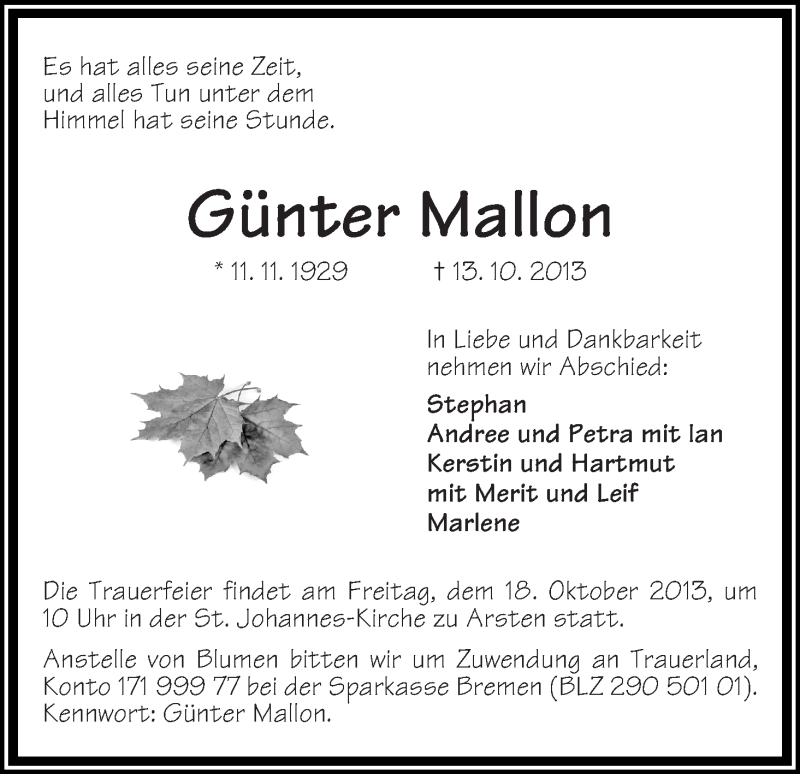 Traueranzeige von Günter Mallon von WESER-KURIER