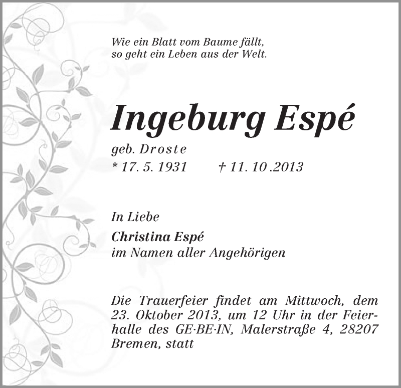 Traueranzeige von Ingeborg Espé von WESER-KURIER