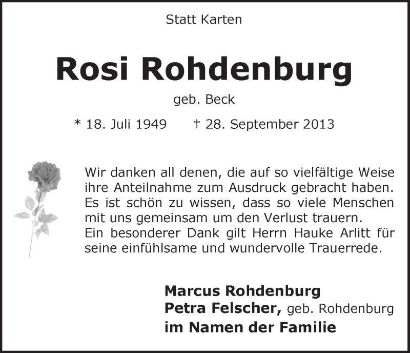  Traueranzeige für Rosi Rohdenburg vom 19.10.2013 aus WESER-KURIER