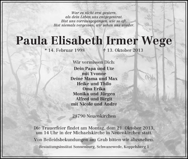  Traueranzeige für Paula Elisabeth Irmer Wege vom 19.10.2013 aus WESER-KURIER