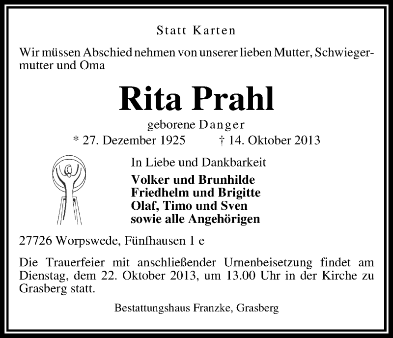  Traueranzeige für Rita Prahl vom 17.10.2013 aus WESER-KURIER