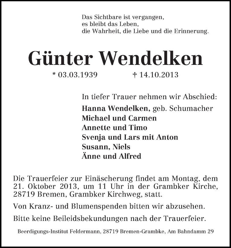  Traueranzeige für Günter Wendelken vom 17.10.2013 aus WESER-KURIER