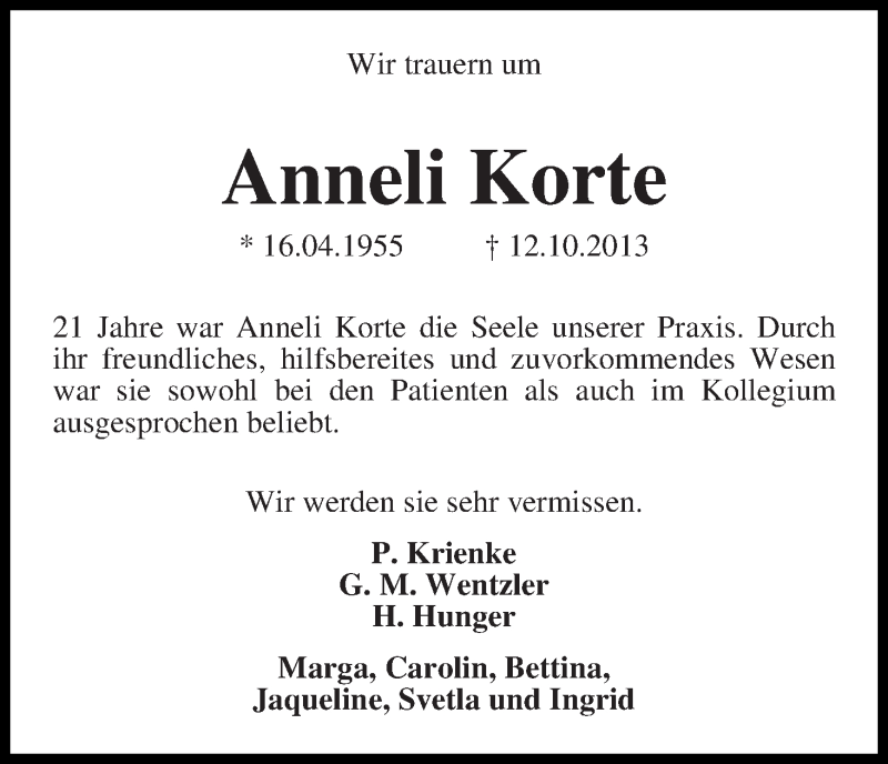  Traueranzeige für Anneli Korte vom 19.10.2013 aus WESER-KURIER
