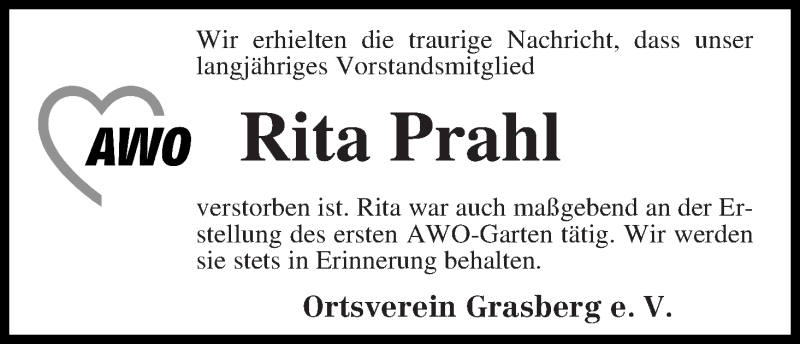  Traueranzeige für Rita Prahl vom 18.10.2013 aus WESER-KURIER