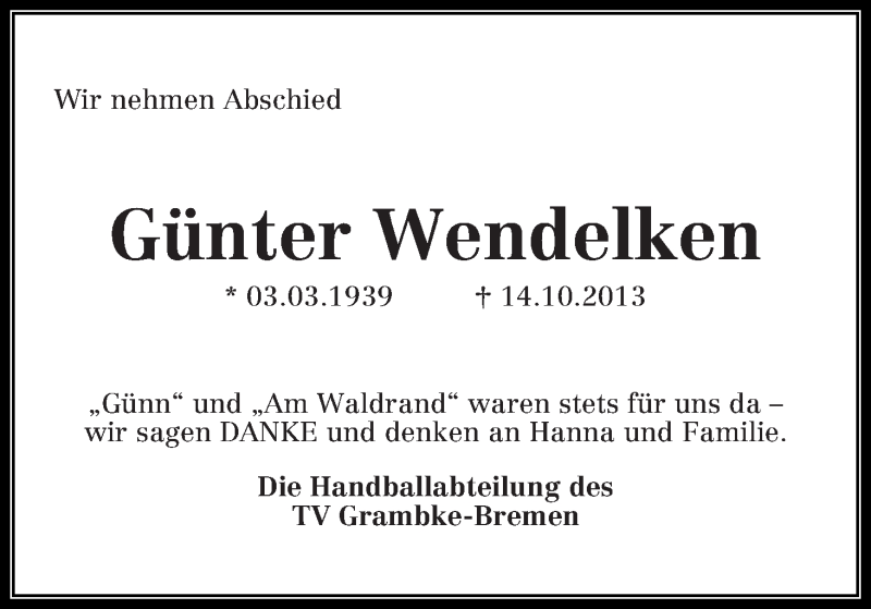  Traueranzeige für Günter Wendelken vom 19.10.2013 aus WESER-KURIER