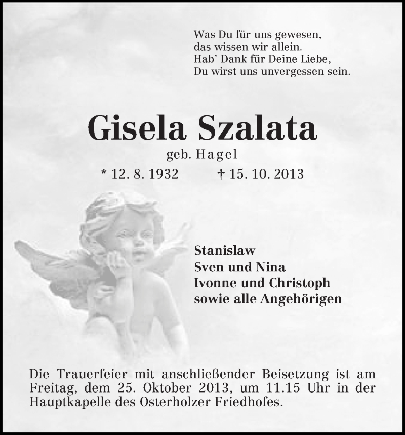 Traueranzeige von Gisela Szalata von WESER-KURIER