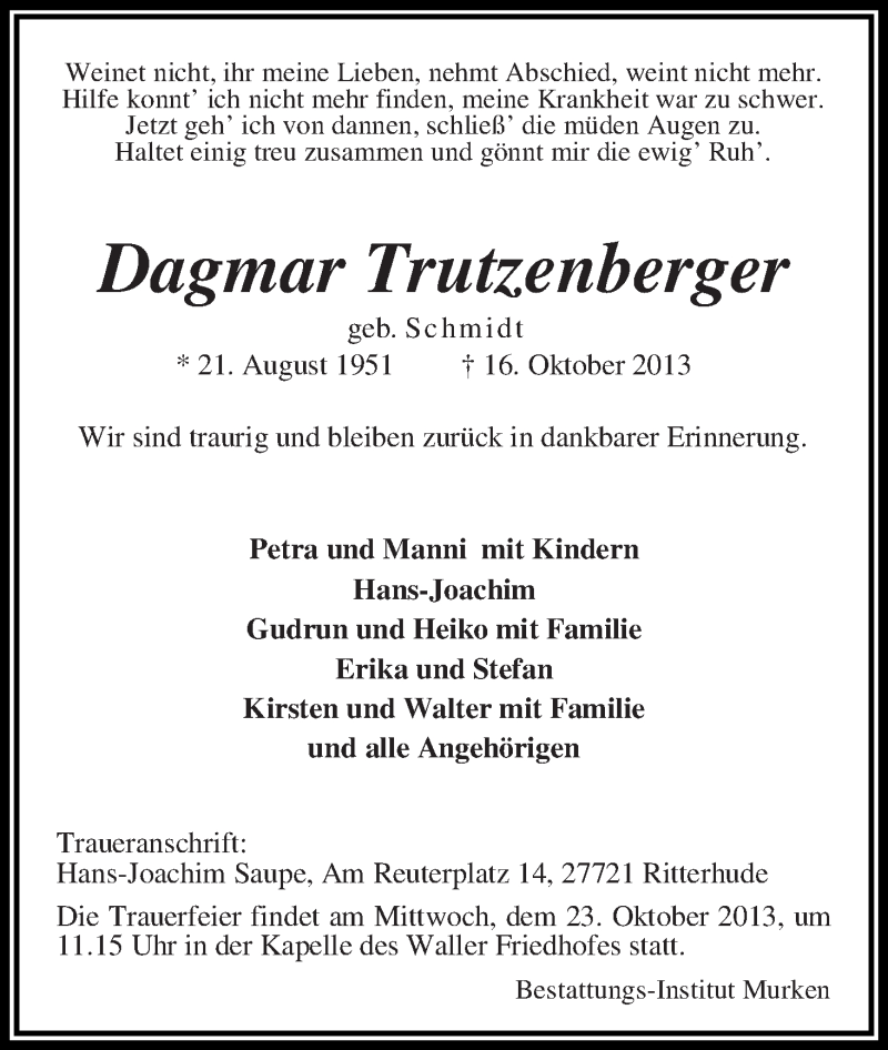  Traueranzeige für Dagmar Trutzenberger vom 19.10.2013 aus WESER-KURIER