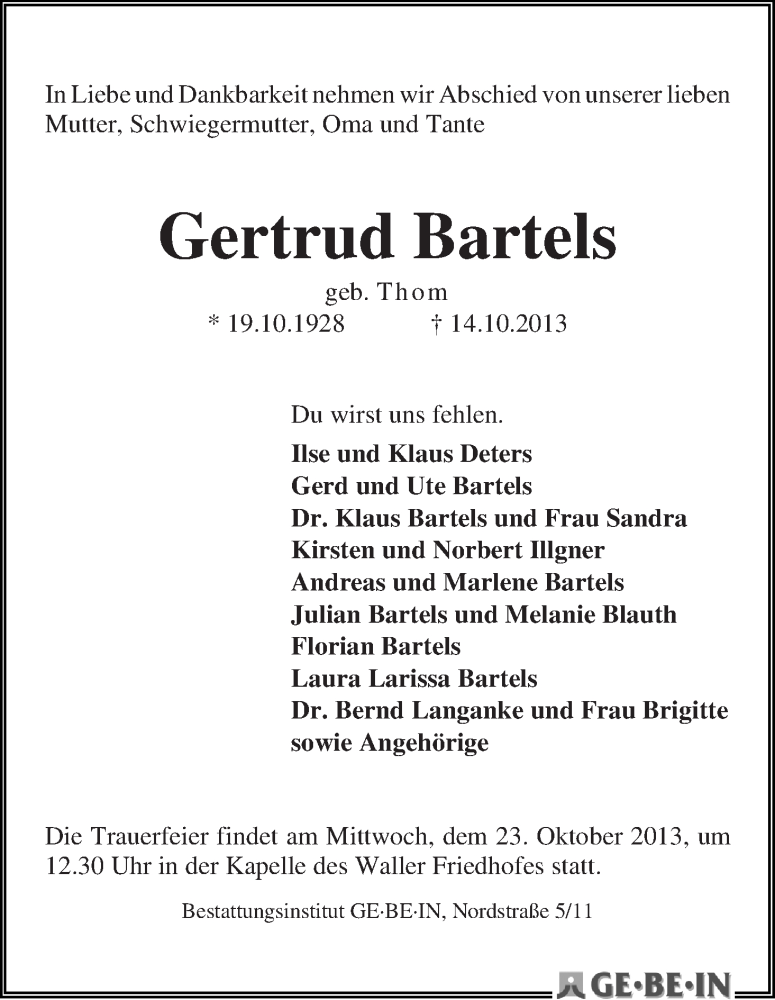 Traueranzeige von Gertrud Bartels von WESER-KURIER