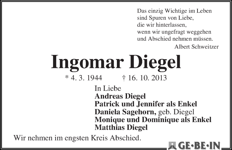 Traueranzeige von Ingomar Diegel von WESER-KURIER
