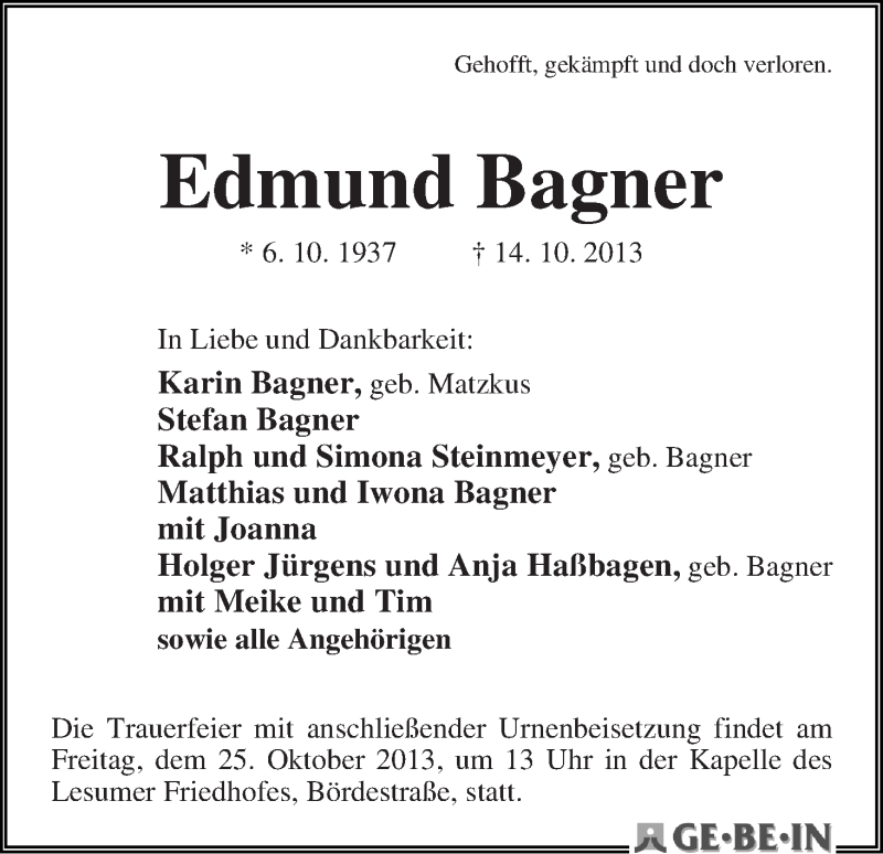 Traueranzeige von Edmund Bagner von WESER-KURIER