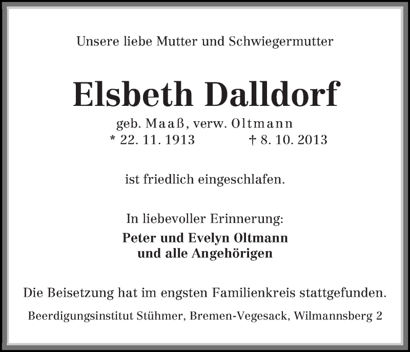 Traueranzeige von Elsbeth Dalldorf von WESER-KURIER