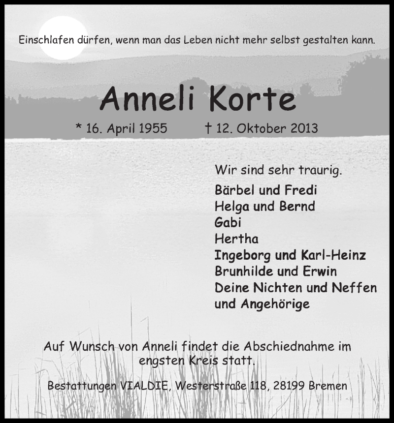  Traueranzeige für Anneli Korte vom 19.10.2013 aus WESER-KURIER