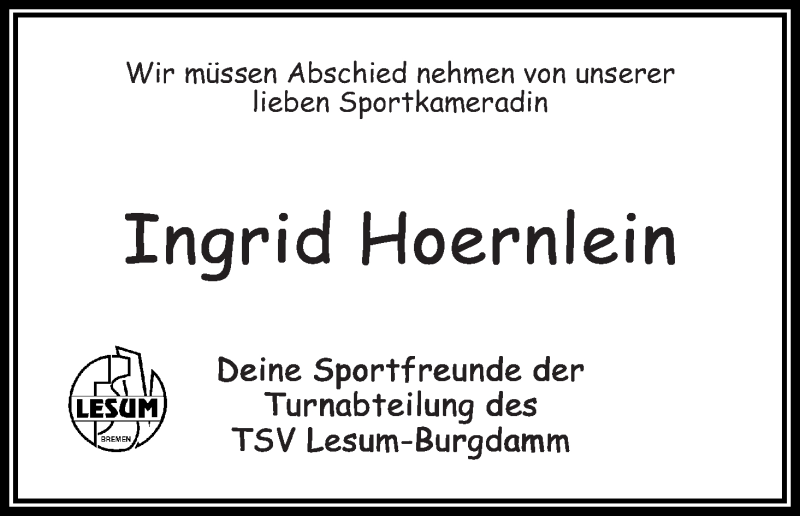 Traueranzeige von Ingrid Hoernlein von WESER-KURIER